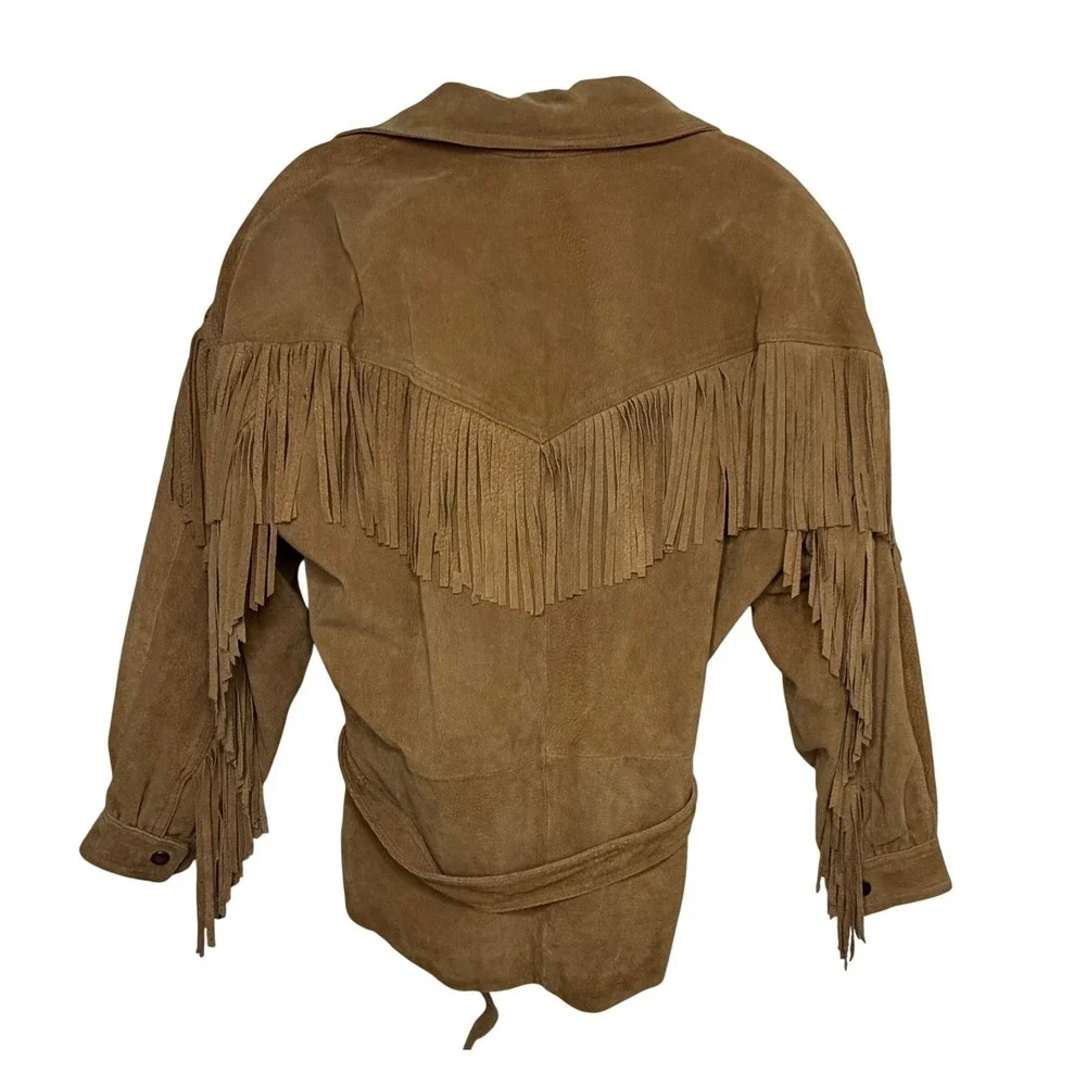 L.A. Studio Suede Fringe Zip Front Tie Belt Jacket Tan Western Boho‎ Festival S - Picture 15 of 16